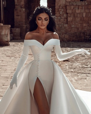 Charming Off-the-Shoulder Wedding Dress Side Slit Mermaid Evening Party Dress with Detachable Train_3