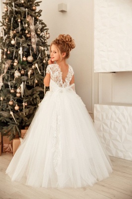Lovely Cap Sleeves White Princess Flower Girl Dress for Wedding Christmas Party_5