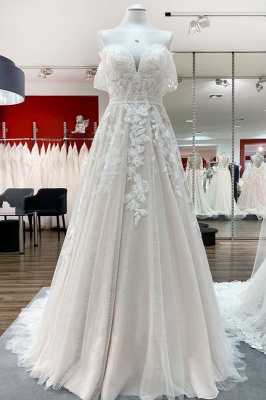 Stylish Off-the-Shoulder Aline Wedding Dress Floral Lace Appliques Backless Bridal Dress_1