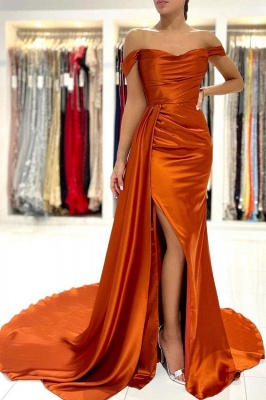 Stunning Stretch Satin Off Shoulder Evening Gown with Side Slit Detachable Train_1