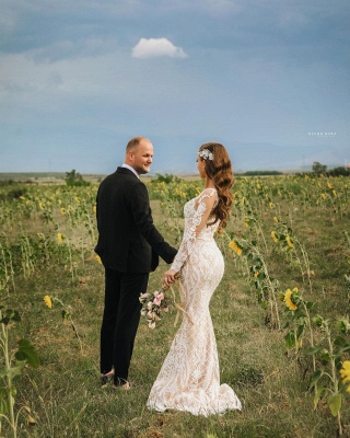 Великолепные свадебные платья русалки с длинными рукавами Белое кружевное свадебное платье с цветочными аппликациями_4