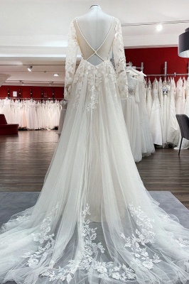 Stylish Long Sleeves  Wedding Dress Soft Floral Lace Bridal Dress Floor Length_2