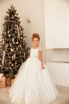 Lovely Cap Sleeves White Princess Flower Girl Dress for Wedding Christmas Party_4