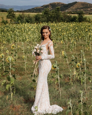 Великолепные свадебные платья русалки с длинными рукавами Белое кружевное свадебное платье с цветочными аппликациями_7