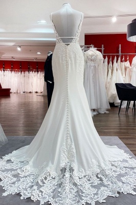 Romantic V-Neck Mermaid Bridal Dresses Sleeveless Soft Lace Wedding Dress_2