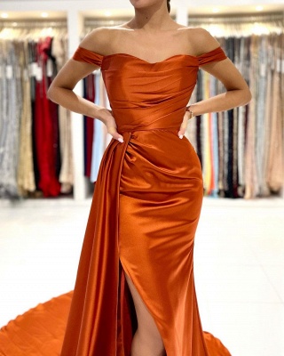 Stunning Stretch Satin Off Shoulder Evening Gown with Side Slit Detachable Train_5