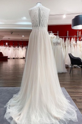 Sleeveless White V-neck A-line Lace Wedding Dresses_2