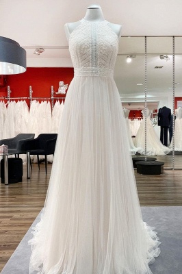 Sleeveless White V-neck A-line Lace Wedding Dresses_1