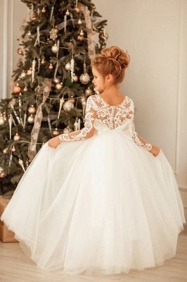 Romantische lange Ärmel weiße Tüll-Spitze-Applikationen Hochzeitsfest-Kleid für Mädchen_2