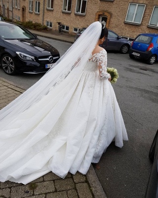 Lindo vestido de baile de mangas compridas branco vestido de noiva 3D apliques de renda floral com trem de varredura_5