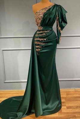 Charming One Puffy Sleeves Mermaid Evening Prom Dress with Shiny Golf Pearls Crystals Embellishment_1