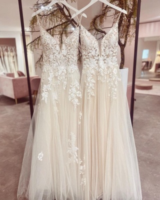 Vestido de noiva elegante com alças espaguete floral renda aline vestido de noiva sem mangas_5