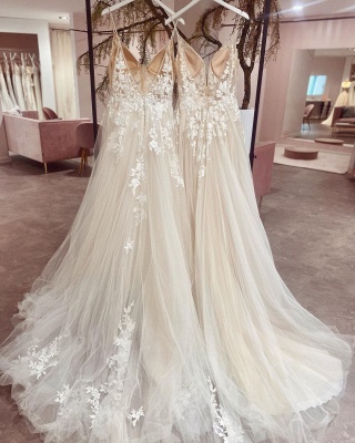 Elegant Spaghetti Straps Floral Lace Aline Wedding Dress Sleeveless Bridal Dress_2