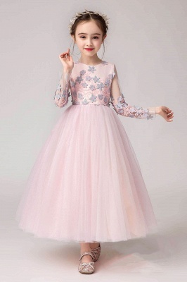 Pink Tulle Kids Birthday Party Dress Long Sleeves with Floral Pattern Pegant Dress for Girls_4
