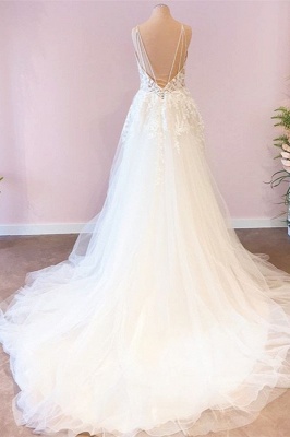 Белое свадебное платье на тонких бретелях Свадебное платье из тюля с глубоким двойным V-образным вырезом и цветочными кружевными аппликациями_2