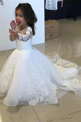 Weißes Tüll Blumenmädchenkleid mit langen Ärmeln Spitzenapplikationen Kleid für kleines Mädchen