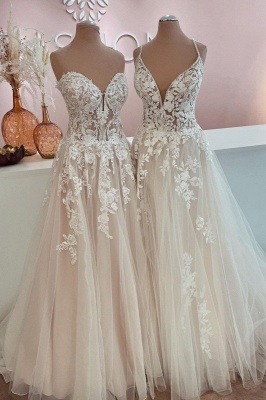 Sleeveless Tulle Lace Appliques Wedding Dresses Aline Long Garden Bridal Dress_1