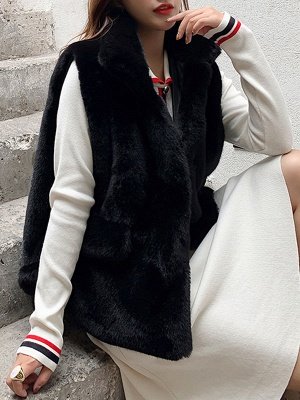 Faux Fur Coats Black Turndown Collar Sleeveless Polyester Velvet Coat_5