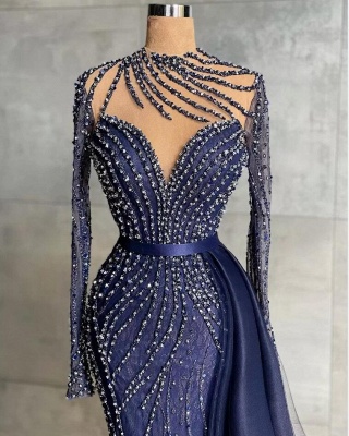 Stilvolles Marineblaues Meerjungfrau-Abendkleid mit hohem Kragen und abnehmbarer Tüll-Schleppe mit Kristallen Perlen langes Abendkleid_3