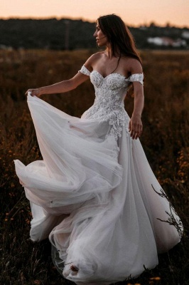 Свадебное платье из кружева с цветочным принтом и открытыми плечами, свадебное платье из тюля с сердечком_1