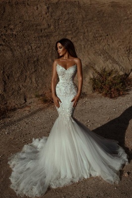 Stunning Sweetheart Beading Mermaid Wedding Gown Sleeveless Tulle Bridal Dress_1