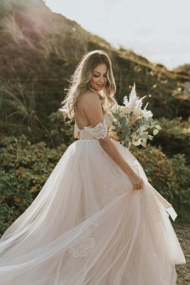 Vestido de noiva simples ombro a ombro de tule renda Aline vestido de noiva praia