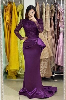 Фиолетовое вечернее платье русалки с длинными рукавами и мягкими цветочными кружевными аппликациями_1