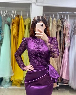 Фиолетовое вечернее платье русалки с длинными рукавами и мягкими цветочными кружевными аппликациями_2
