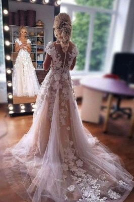 Vestido de novia romántico sin mangas Aline Vestido de novia de tul de encaje floral 3D_1