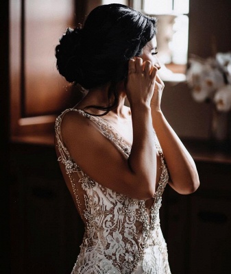 Backless Floral Lace Deep V neck Beading Floor-Length Wedding Dress_2