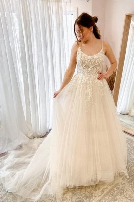 Vestido de novia largo Aline de encaje floral con tirantes finos_1