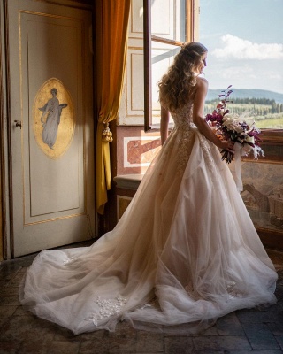 Vestido de novia palabra de longitud Aline de encaje floral con escote corazón sin tirantes_3