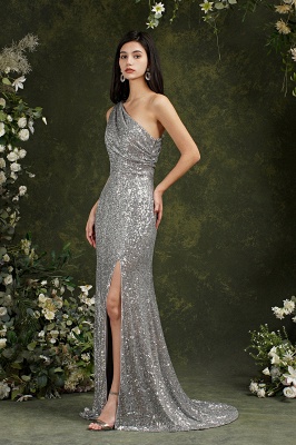 Серебряное длинное платье выпускного вечера Meramid без рукавов на одно плечо_4