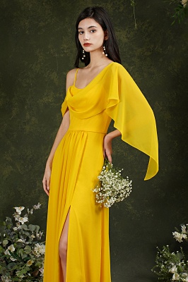 Vestido de dama de honra com alças de espaguete amarelo sem costas e linha A de chiffon dividido com bolsos_11