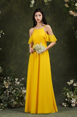 Красивое желтое шифоновое платье подружки невесты с оборками и открытыми плечами с карманами_13