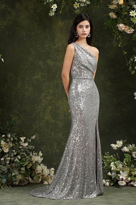 Серебряное длинное платье выпускного вечера Meramid без рукавов на одно плечо_6