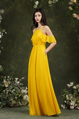 Wunderschönes, gelbes, schulterfreies Brautjungfernkleid aus Chiffon in A-Linie mit Taschen_12
