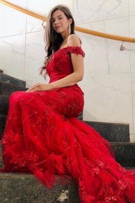 Decent Red Appliques Lace Off-the-shoulder Floor-length Mermaid Prom Dresses_3