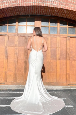 White Floor-length Spaghetti Straps Open Back Satin Mermaid Wedding Dress_2