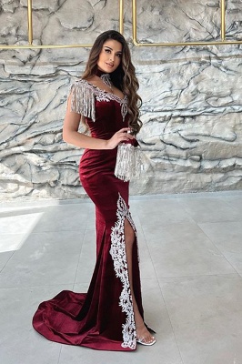 Burgundy cap sleeves a-line velet prom dress with gold appliques_2