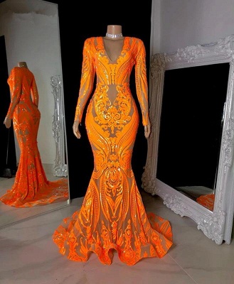 Orange v-neck sequin mermaid prom dress_2