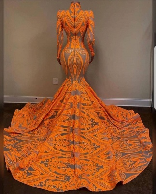 Очаровательные оранжевые платья выпускного вечера русалки с высоким воротом и длинным рукавом длиной до пола_2