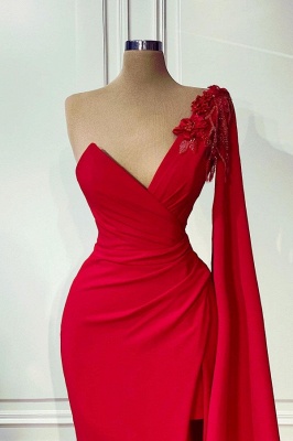 One shoulder red high split sweetheart prom dress_2