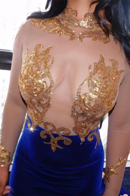 Королевское синее атласное выпускное платье силуэта «русалка» с золотыми аппликациями_3