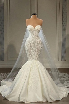 White sweetheart mermaid wedding dress with tulle shawl_1