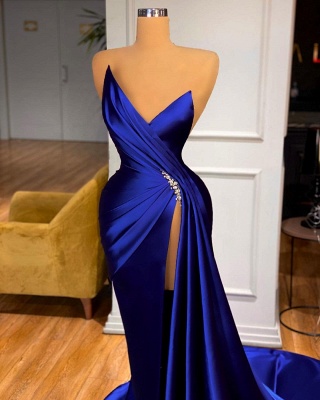 Bleu royal col en V Satin plis haut côté fendu robe de bal sans manches longue robe de soirée avec train_3