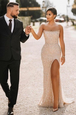Shimmers Champagne Sequins Strapless Sleeveless Floor-length Prom Dresses with Slit_1
