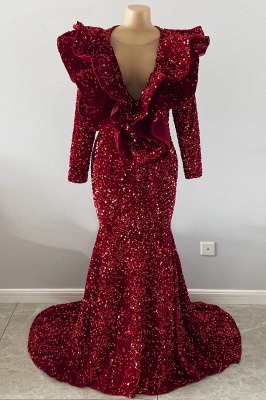 Бордовое платье для выпускного вечера силуэта «русалка» с вырезом «цветы» и пайетками_4