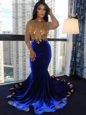 Королевское синее атласное выпускное платье силуэта «русалка» с золотыми аппликациями_2