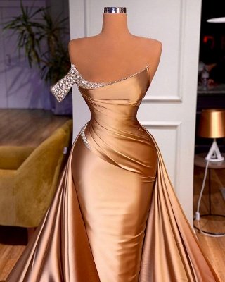 Charming Sleeveless Satin Mermaid Long Prom Dress  Sparkly Sequins Party Dress with Side Cape_3
